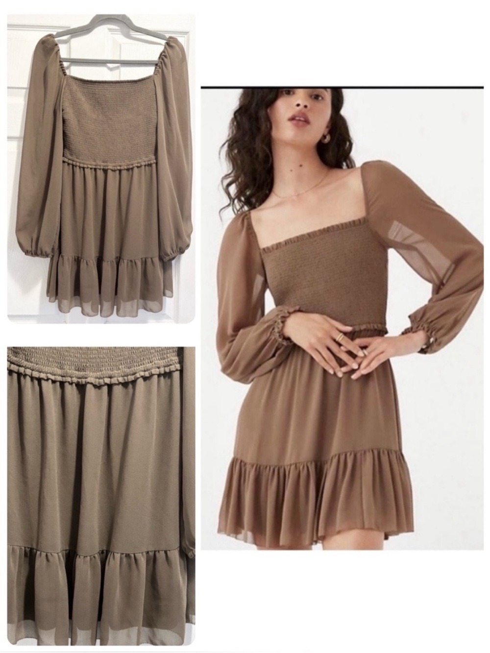 Aritzia Wilfred Tempest Mini Dress Smocked Chiffon Brown Tan Size Small